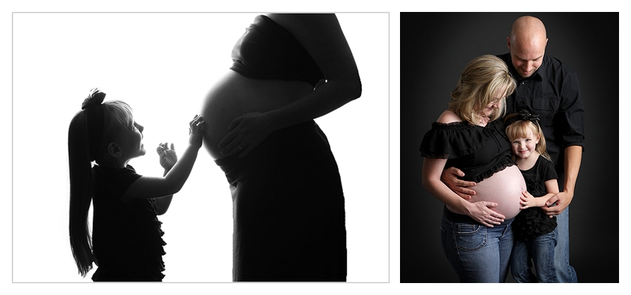silhouette portrait of a pregnant mom and her daughter, expectant family portrait