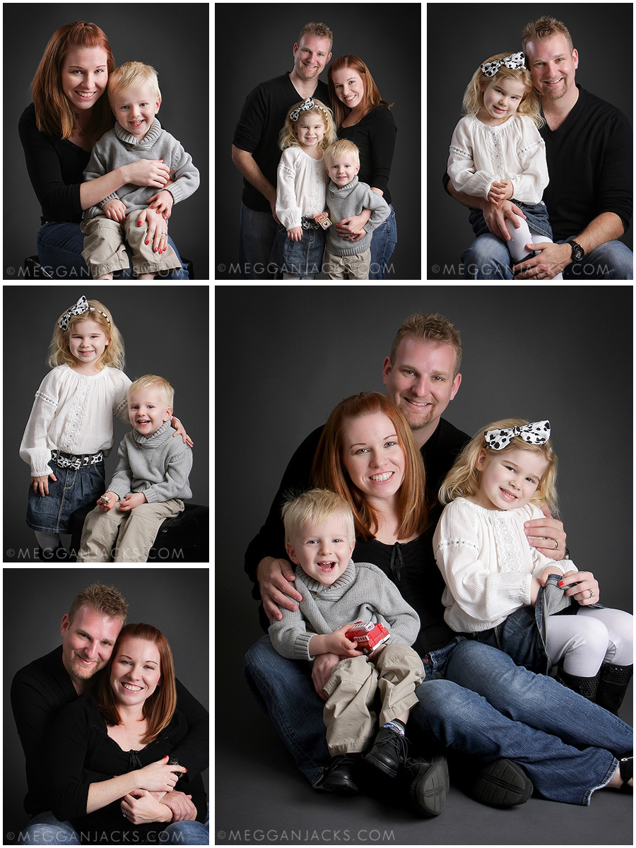 family portraits capture in a professional photographer's studio, savage thunder grey background, family wearing black, white and grey for their holiday portraits