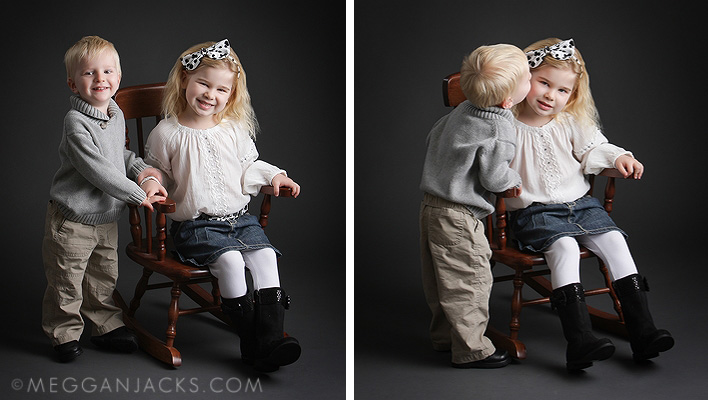 portrait of brother and sister giving each other a kiss