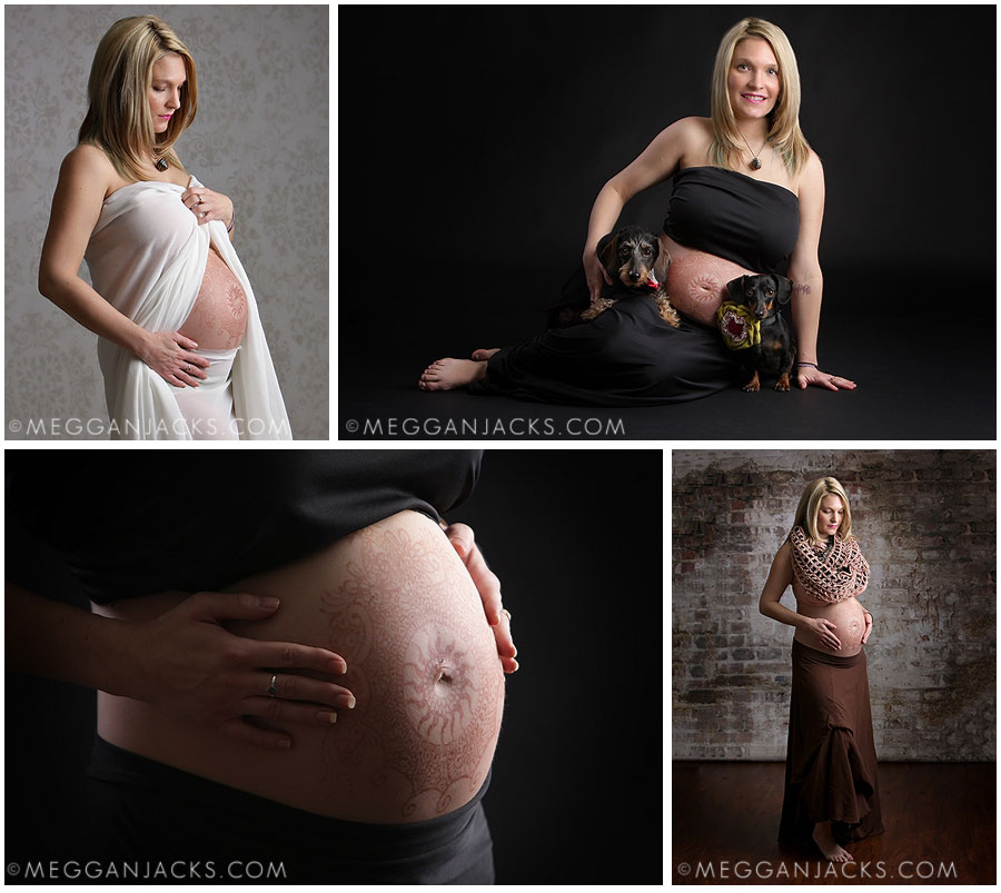 maternity photo of a pregnant mom with a henna tattoo and her two dogs