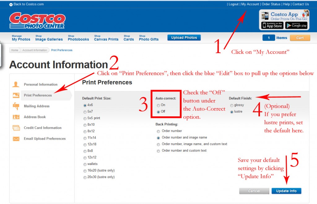 instructions on how to disable auto correct at costco photo center