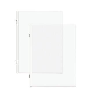 Two overlapping white presentation binders or folders on a white background, with metal fasteners visible on the spine edge (minimalist office supplies).
