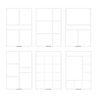 Six design layouts showing different grid structures with white rectangles on light gray borders, arranged in a 2x3 grid on a white background.